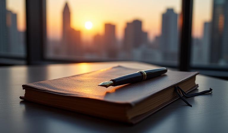 A leather-bound book open on a desk with modern office skyline in background